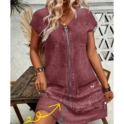 🌸👗 ¡OFERTA 50% OFF! Vestido Casual de Verano con Cremallera en V – Fresco, Cómodo y Elegante ✨