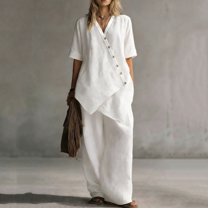 👗✨ ¡OFERTA 50% OFF! Conjunto de Mujer de 2 Piezas – Top Asimétrico + Pantalón de Pierna Ancha Elegante y Cómodo 💃
