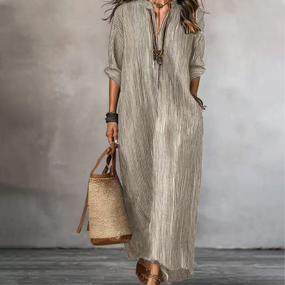 👗✨ ¡OFERTA 50% OFF! Vestido Maxi de Mujer con Rayas y Cuello en V – Elegante, Fresco y Perfecto para Verano 🌸