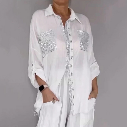 🔥Oferta especial: 50 % de descuento🔥 Conjunto de camisa de lentejuelas y pantalones de pierna ancha para mujer