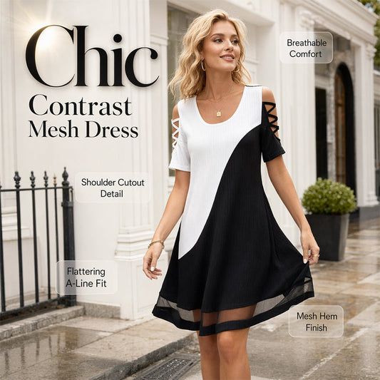 👗🔥 ¡OFERTA 50% OFF! Vestido Midi de Malla con Contraste Elegante – Diseño Favorecedor, Femenino y Perfecto para Verano ✨🌸
