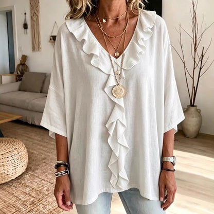 👚✨ ¡OFERTA 50% OFF! Blusa Elegante para Mujer con Escote en V y Volantes – Suave, Fluida y Perfecta para un Look Femenino 💚🌿