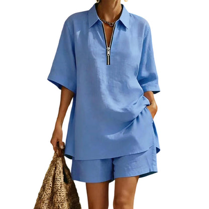 👗✨ ¡OFERTA 50% OFF! Conjunto Casual de Dos Piezas para Mujer – Top con Cremallera y Shorts a Juego, Cómodo, Fresco y Elegante para Verano ☀️💚