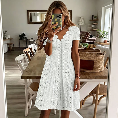 ⏰🔥 ¡OFERTA 50% OFF! 👗✨ Vestido de Mujer con Cuello en V Festoneado y Bordados Calados – Elegancia Femenina y Estilo Fresco 💖