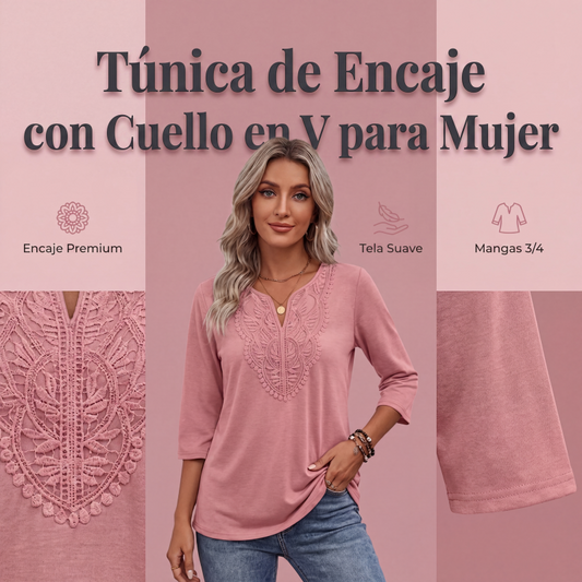 ⏰🔥 ¡OFERTA 50% OFF! 👚✨ Túnica de Mujer con Cuello en V, Encaje y Mangas 3/4 – Corte Holgado, Cómodo y Elegante 💖