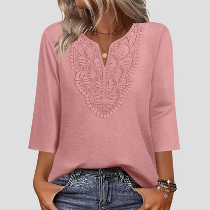 ⏰🔥 ¡OFERTA 50% OFF! 👚✨ Túnica de Mujer con Cuello en V, Encaje y Mangas 3/4 – Corte Holgado, Cómodo y Elegante 💖