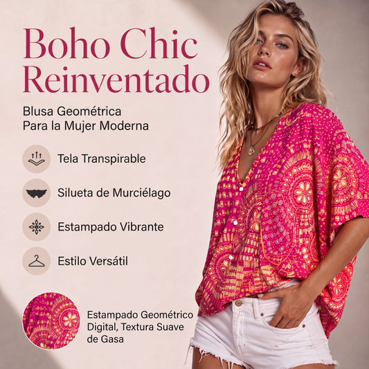 ⏰🔥 ¡OFERTA 50% OFF! 👚🌸 Top de Manga Murciélago con Estampado Bohemio y Cuello en V para Mujer – Estilo Único, Cómodo y Elegante ✨