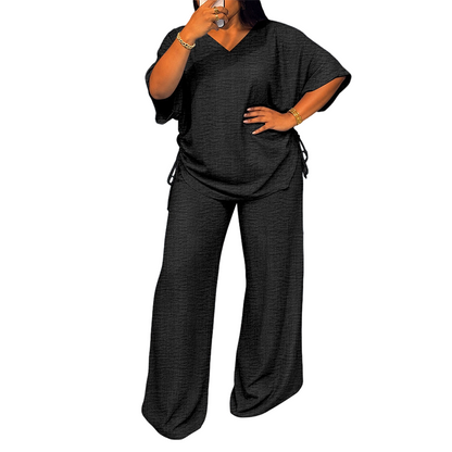 Women’s Casual V-Neck Top & Wide-Leg Pants Set