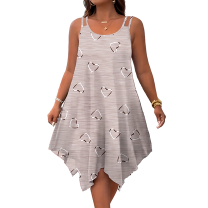 🔥⏰ ¡OFERTA 50% OFF! 👗 Vestido Midi de Vacaciones para Mujer – Estampado de Corazones, Sin Mangas y Bajo Asimétrico ✨