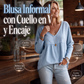 Blusa casual de manga larga con cuello en V para mujer