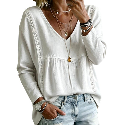 Blusa casual de manga larga con cuello en V para mujer