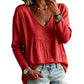 Blusa casual de manga larga con cuello en V para mujer