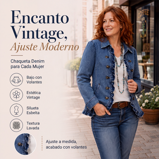 🔥⏰ ¡OFERTA 50% OFF! 👗 Chaqueta Vaquera de Mujer con Volantes y Doble Botonadura – Estilo Femenino, Elegante y Moderno ✨