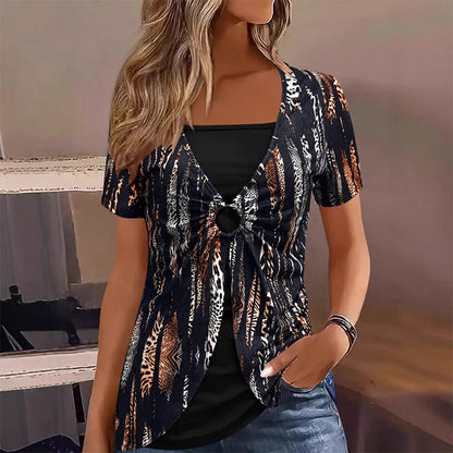 ⏰🔥 ¡OFERTA 50% OFF! 🐆👕 Camiseta de Mujer con Estampado de Leopardo y Anilla en O – Diseño Falso de Dos Piezas para un Look Moderno y Llamativo ✨