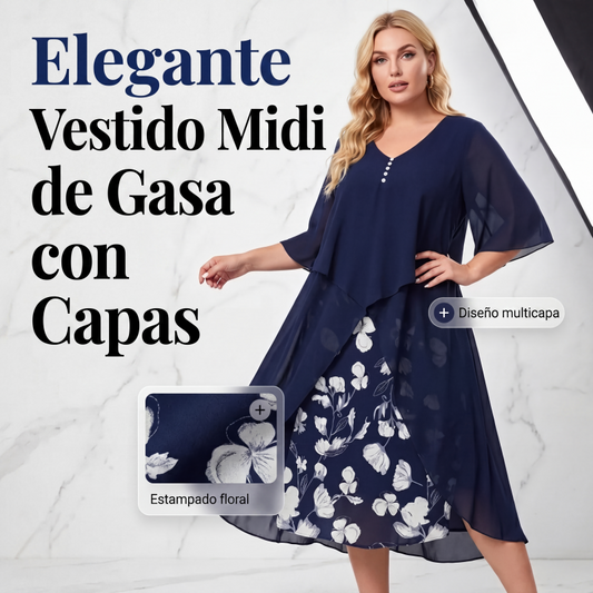 ⏰🔥 ¡OFERTA 50% OFF! 👗✨ Vestido Midi de Gasa en Capas para Mujer – Elegante Diseño de Falso Dos Piezas y Bajo Asimétrico Favorecedor