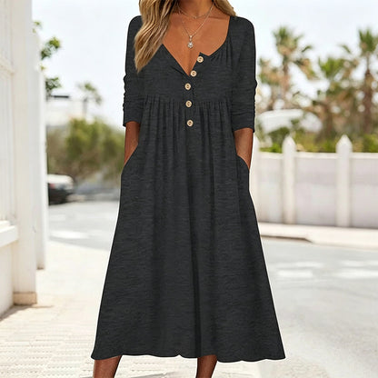 ⏰🔥 ¡OFERTA 50% OFF! 👗✨ Vestido Plisado con Botones y Cuello en V para Mujer – Elegante, Femenino y Versátil para Cualquier Ocasión
