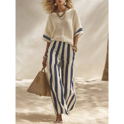 Conjunto informal de dos piezas de rayas con pantalones de pierna ancha para mujer