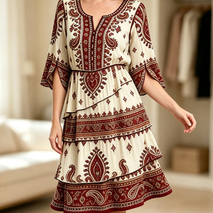 Vestido bohemio para mujer con cuello en V y volantes escalonados