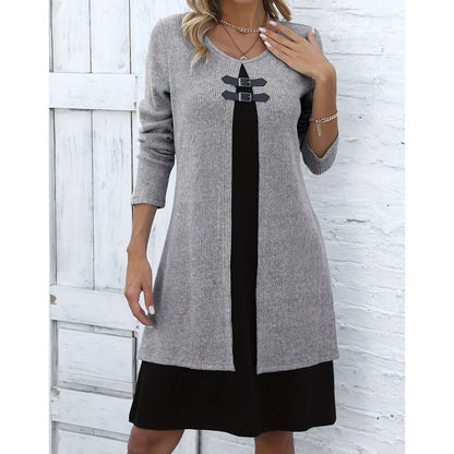 Vestido casual de manga larga de punto canelado para mujer