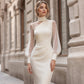 ⏰🔥 ¡OFERTA 50% OFF! 👗✨ Vestido Midi Ajustado para Mujer – Cuello Alto, Mangas Transparentes y Elegante Silueta