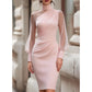 ⏰🔥 ¡OFERTA 50% OFF! 👗✨ Vestido Midi Ajustado para Mujer – Cuello Alto, Mangas Transparentes y Elegante Silueta