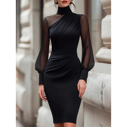 ⏰🔥 ¡OFERTA 50% OFF! 👗✨ Vestido Midi Ajustado para Mujer – Cuello Alto, Mangas Transparentes y Elegante Silueta