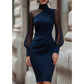 ⏰🔥 ¡OFERTA 50% OFF! 👗✨ Vestido Midi Ajustado para Mujer – Cuello Alto, Mangas Transparentes y Elegante Silueta