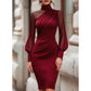 ⏰🔥 ¡OFERTA 50% OFF! 👗✨ Vestido Midi Ajustado para Mujer – Cuello Alto, Mangas Transparentes y Elegante Silueta