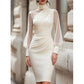 ⏰🔥 ¡OFERTA 50% OFF! 👗✨ Vestido Midi Ajustado para Mujer – Cuello Alto, Mangas Transparentes y Elegante Silueta