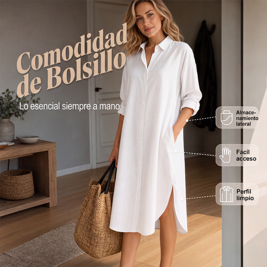 Vestido camisero holgado de algodón y lino para mujer con bolsillos