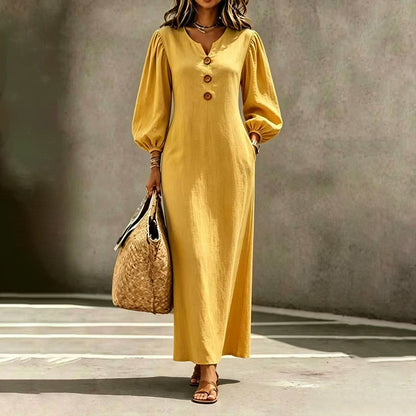 ⏰🔥 ¡OFERTA 50% OFF! 👗✨ Vestido Maxi Casual para Mujer con Cuello en V y Mangas Abullonadas – Elegante, Cómodo y Favorecedor