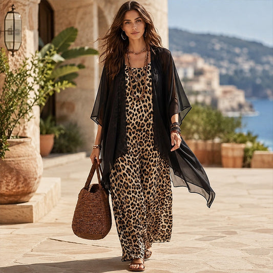Conjunto de vestido maxi fluido elegante y pareo para mujer