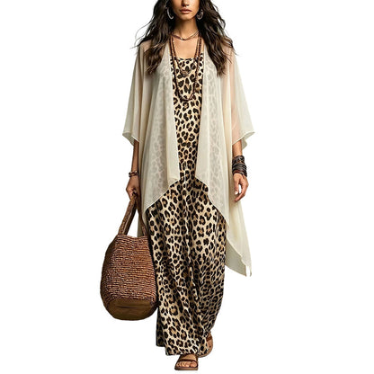 ⏰🔥 ¡OFERTA 50% OFF! 🐆👗 Conjunto de 2 Piezas para Mujer con Estampado Leopardo – Vestido Fluido y Cárdigan Elegante