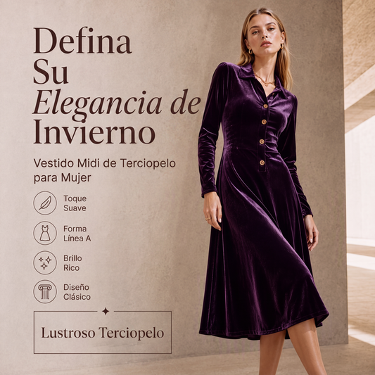 ⏰🔥 ¡OFERTA 50% OFF! 👗✨ Vestido Vintage de Terciopelo para Mujer – Cuello de Solapa, Botones Frontales y Corte Línea A Elegante