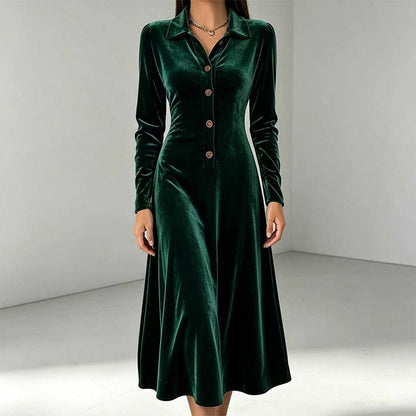 ⏰🔥 ¡OFERTA 50% OFF! 👗✨ Vestido Vintage de Terciopelo para Mujer – Cuello de Solapa, Botones Frontales y Corte Línea A Elegante