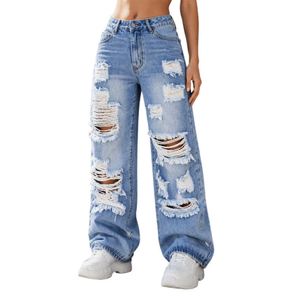 Pantalones vaqueros anchos rotos para mujer, pantalones de mezclilla de talle alto desgastados