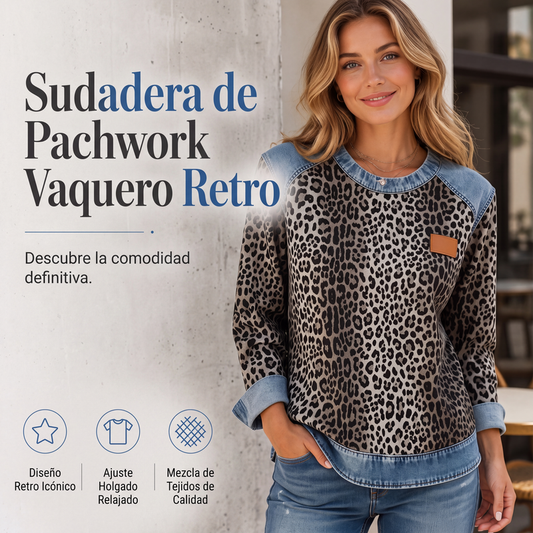 ⏰🔥 ¡OFERTA 50% OFF! 🧥✨ Sudadera Retro con Parches de Mezclilla para Mujer – Diseño de Cuadros y Leopardo, Corte Oversize y Estilo Único
