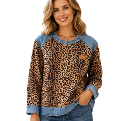 Sudadera informal de mujer con cuello redondo y estampado de leopardo