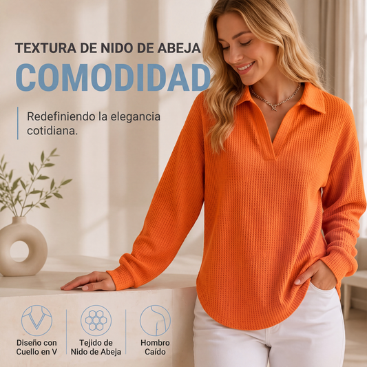⏰🔥 ¡OFERTA 50% OFF! 👚✨ Top de Punto Gofre con Cuello en V para Mujer – Oversize, Transpirable, Suave y Cómodo para Todo el Día