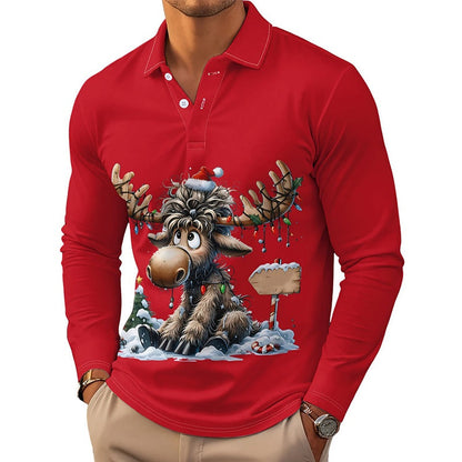 Camisa de manga larga con cuello y estampado de alce para hombre
