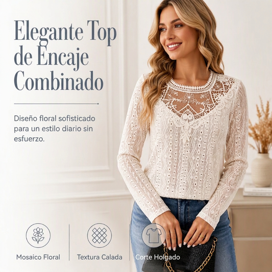 Camiseta de manga larga con encaje parcheado para mujer