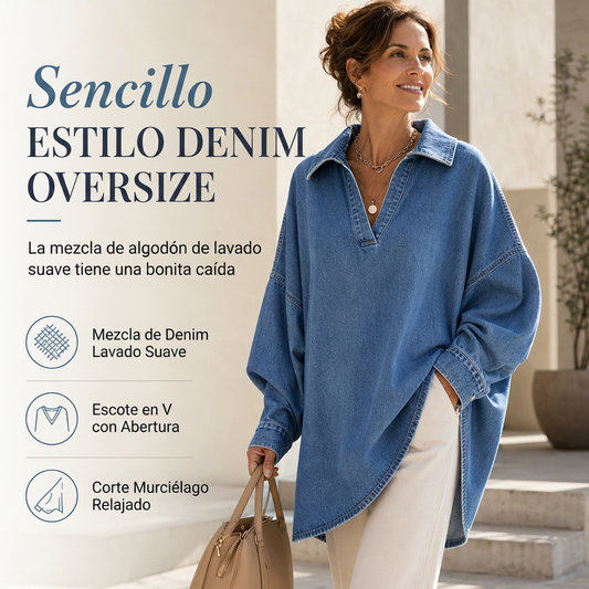 ⏰🔥 ¡OFERTA 50% OFF! 👖✨ Camisa de Denim Oversized para Mujer – Manga Murciélago, Tejido Suave y Bajo Asimétrico con Estilo Moderno