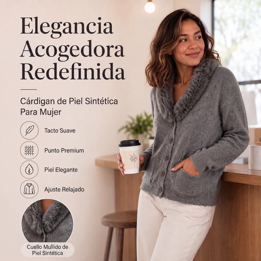Cárdigan de punto con cuello peludo para mujer