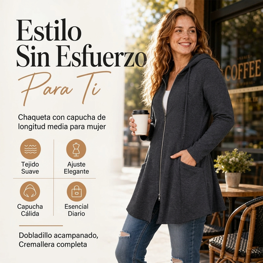 Chaqueta con capucha y cremallera de media longitud para mujer