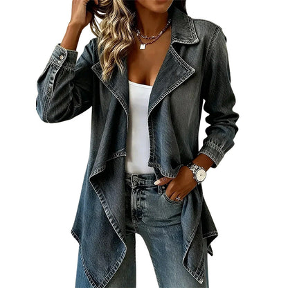 ⏰🔥 ¡OFERTA 50% OFF! 👖✨ Cazadora Vaquera Abierta para Mujer – Diseño Drapeado, Corte Favorecedor y Estilo Urbano Elegante
