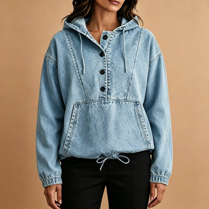 ⏰🔥 ¡OFERTA 50% OFF! 👕✨ Sudadera con Capucha de Mezclilla para Mujer – Estilo Urbano Oversize, Diseño Casual y Comodidad Todo el Día