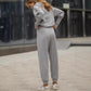 Conjunto deportivo casual de 2 piezas para mujer: Top con cuello de solapa y media cremallera y pantalones jogger a juego