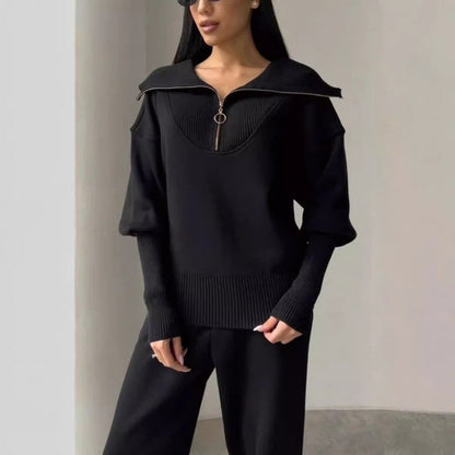 Conjunto deportivo casual de 2 piezas para mujer: Top con cuello de solapa y media cremallera y pantalones jogger a juego