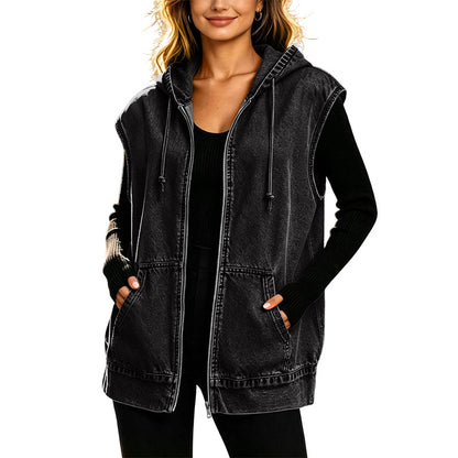 🔥⏰ ¡50% OFF POR TIEMPO LIMITADO! 👖✨ Chaleco Vaquero con Capucha Oversize para Mujer – Estilo Urbano, Corte Cómodo y Diseño Versátil