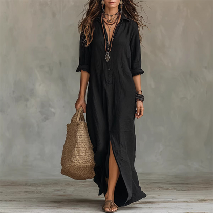 ⏰🔥 ¡50% OFF POR TIEMPO LIMITADO! 👗✨ Vestido Camisero Maxi para Mujer – Cuello Clásico, Abertura Elegante y Estilo Bohemio Versátil